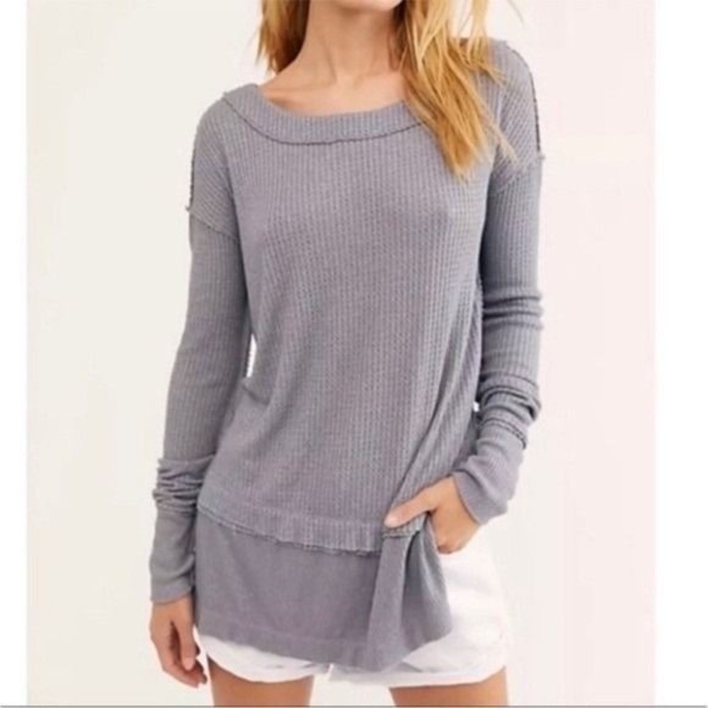 Free People Thermal Top Womens XS Gray Waffle Knit Long Sleeve Layered Boho